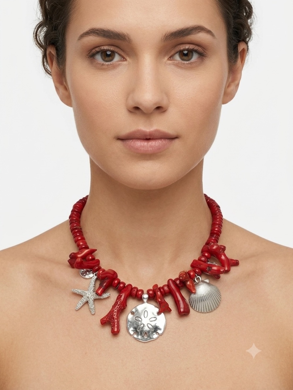 Red Coral Charm Necklace with Silver Sea Charms 18”